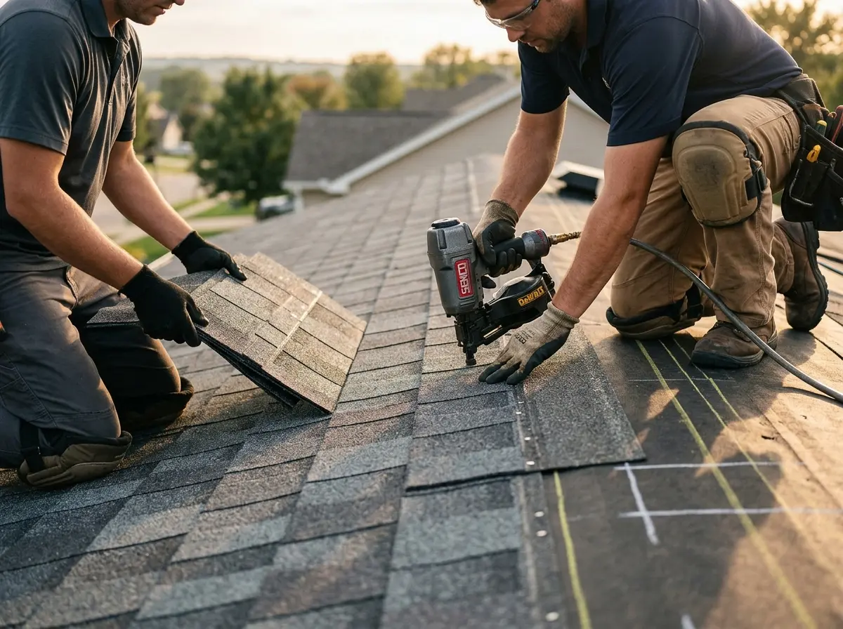 Professional roofer working on a residential roof in Killingly